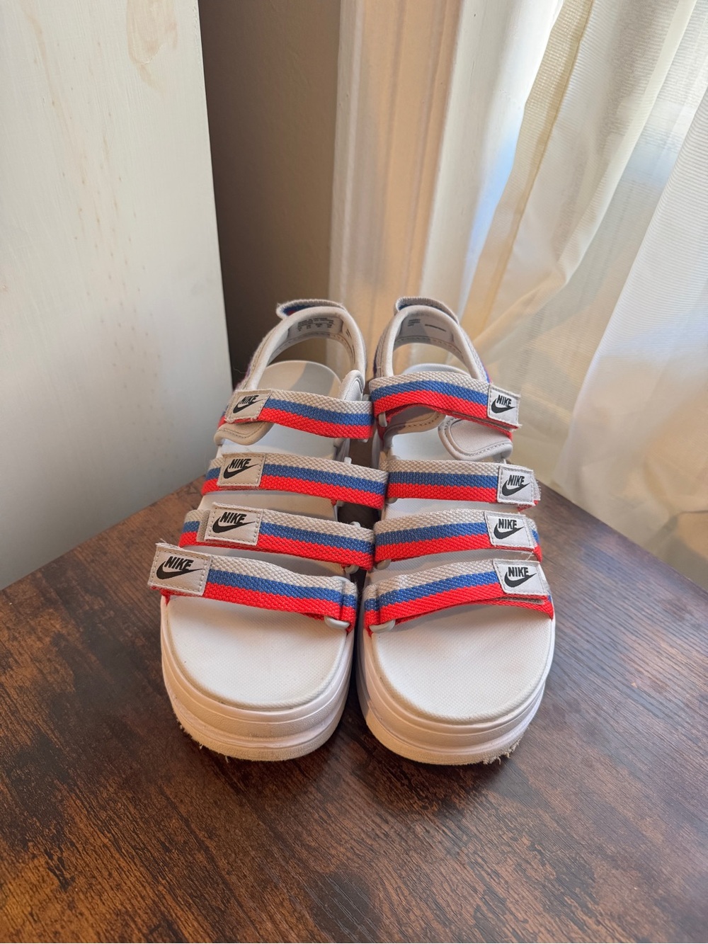 Nike White Platform Sandals with Red, Grey, and Blue Straps - Picture 2 of 7